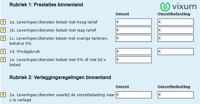 Rubriek 1&2 BTW-aangifte formulier.